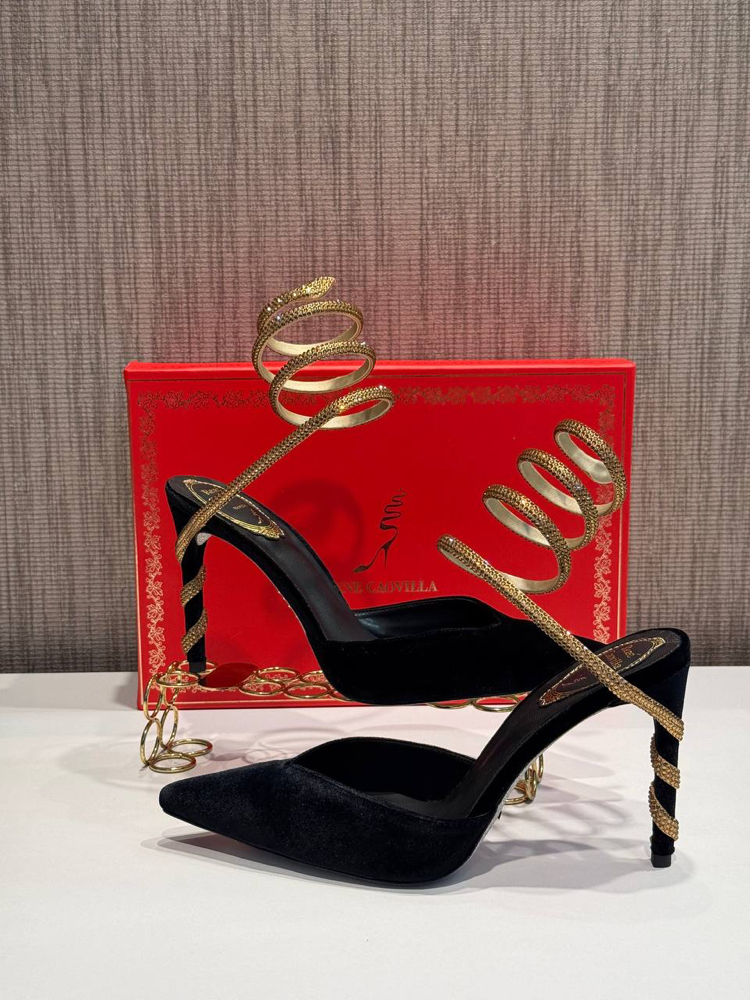 Rene Caovilla Velvet Slingback Pumps Siyah Topuklu Sandalet (İthal)