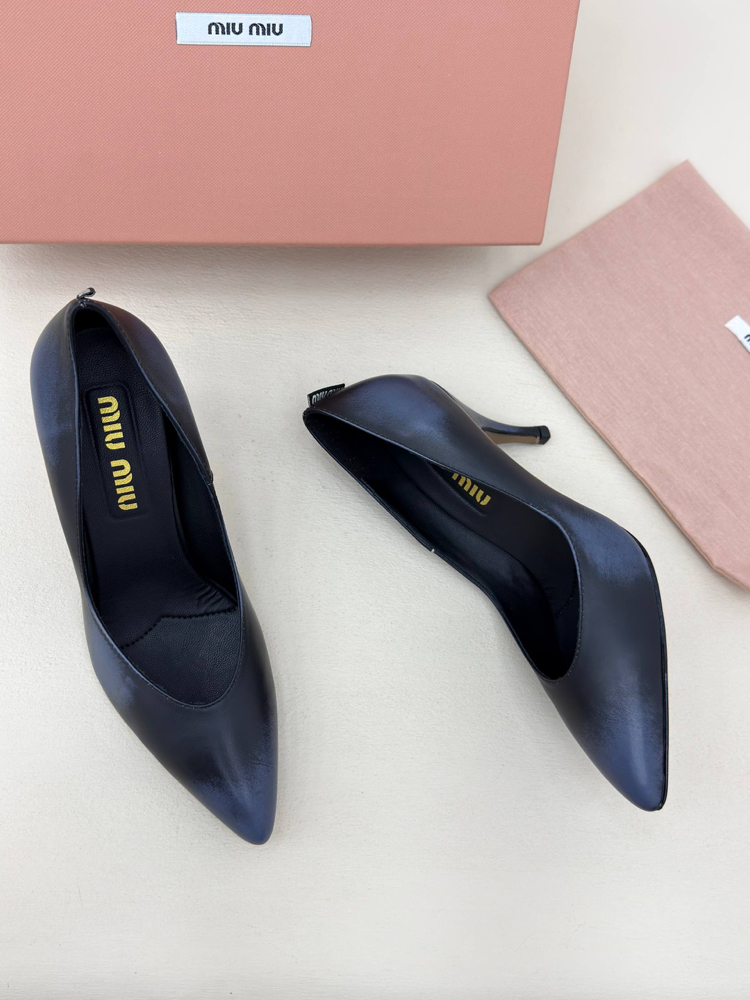 Miu Miu Waxed Calfskin Pointy Toe Pump Lacivert (Premium)