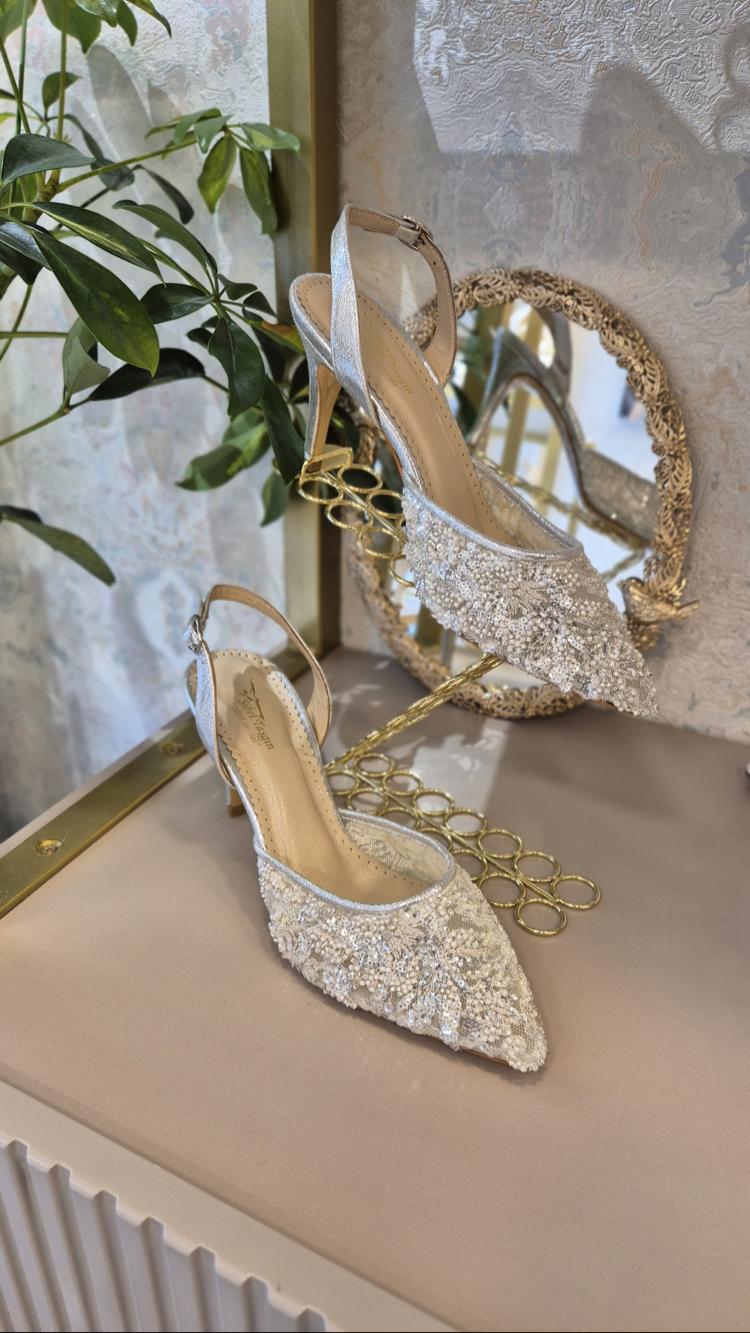 Işıltılı Taş Detaylı Gümüş Stiletto – Hakiki Deri İç Astar