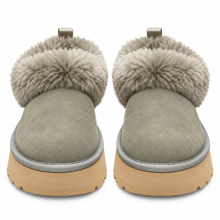 UGG Platform | Yeşil Kürklü Kadın Terlik Kalın Taban