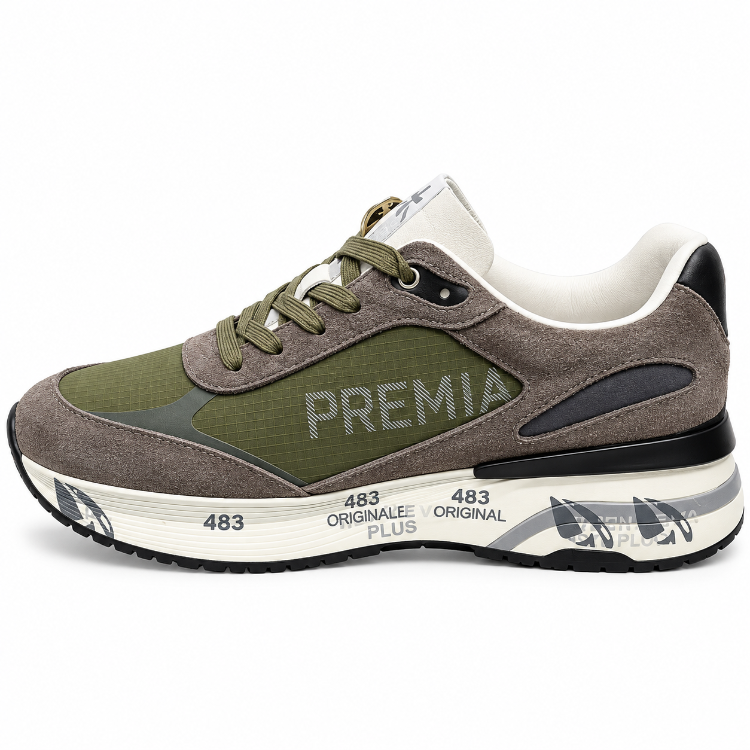 Premiata 483 | Erkek Sneaker Spor Ayakkabı Haki Yeşil Gri Süet Görünümlü Kalın Taban