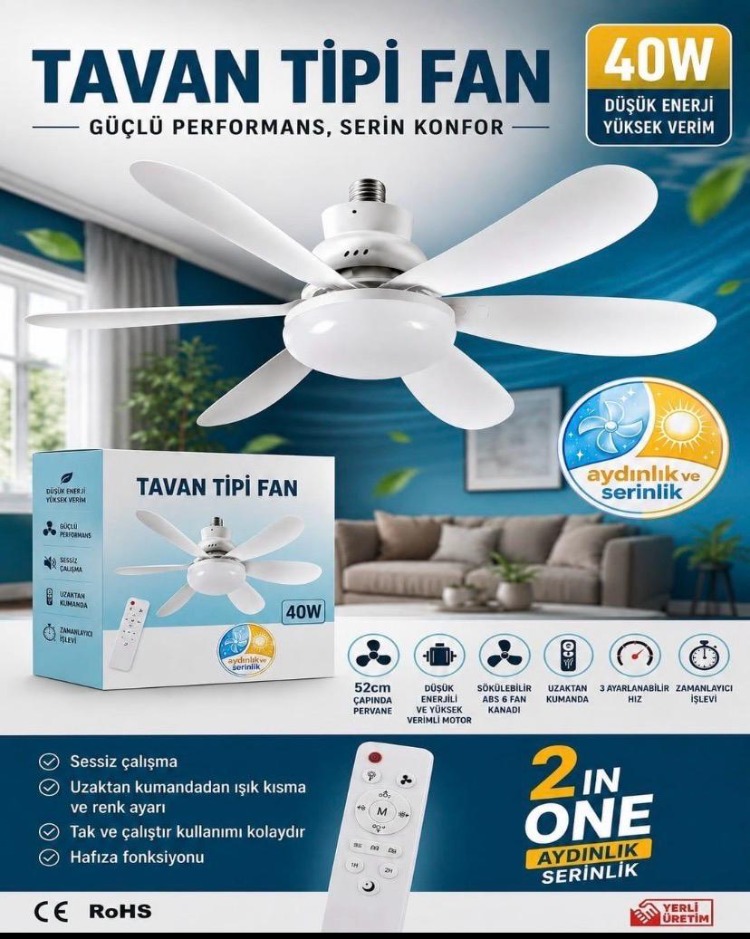 Tavan Tipi Fan 40 w Kumandalı Lamba