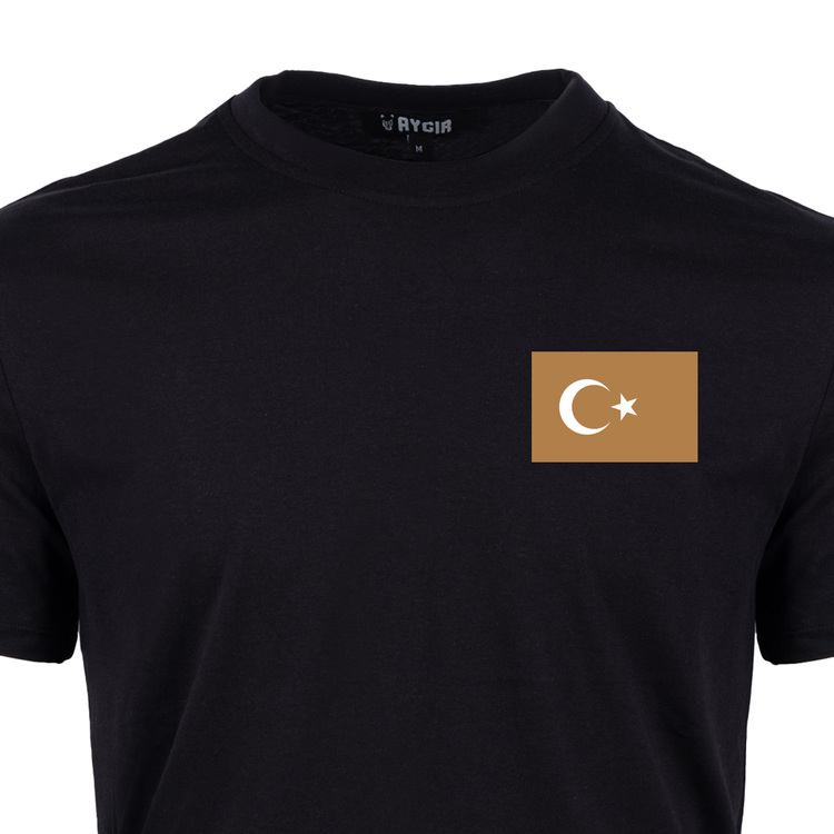 Mini Bej Türk Bayrağı Baskılı Tişört Siyah