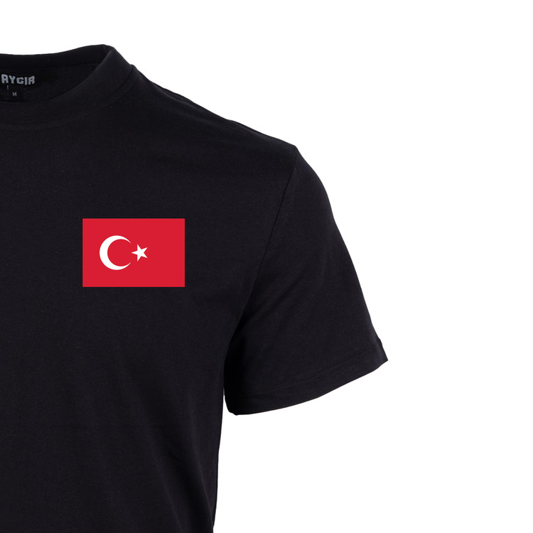 Mini Kırmızı Türk Bayrağı Baskılı Tişört Siyah
