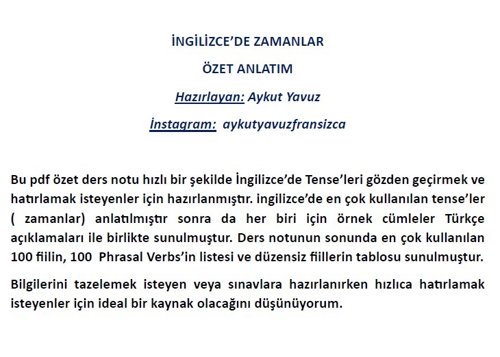 İNGİLİZCEDE TÜM ZAMANLARIN ÖZETİ