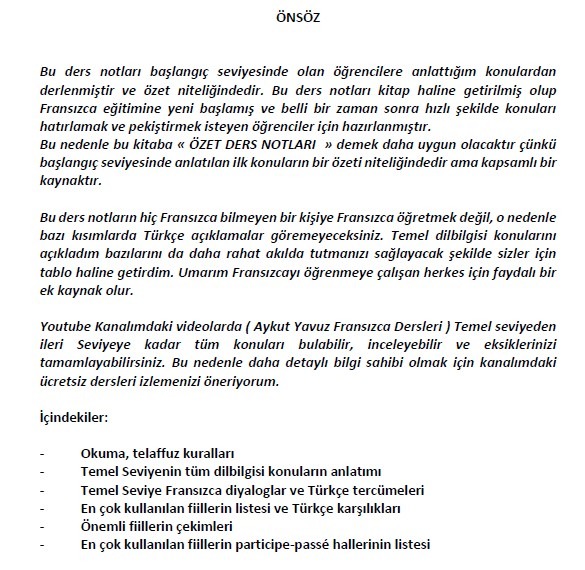 FRANSIZCA BAŞLANGIÇ SEVİYESİ DİLBİLGİSİ
