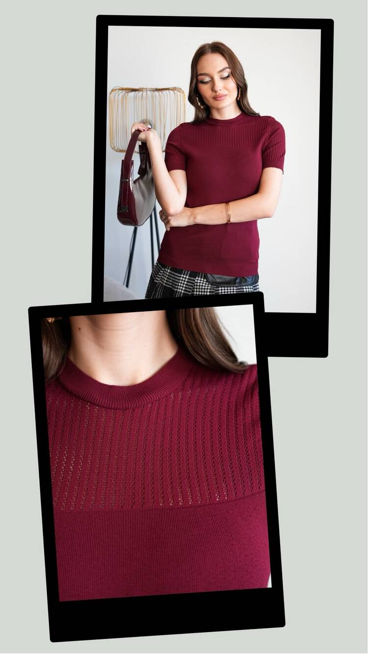 Bordo kısa kol triko | fitilli kol