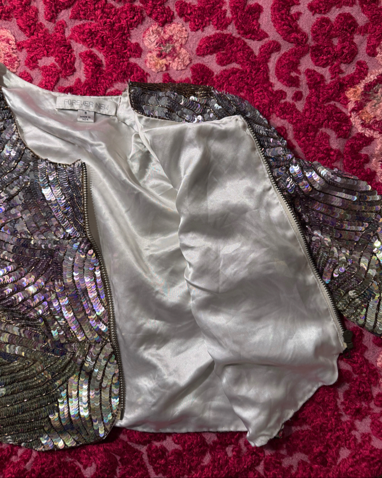 Forever New Embellished Sequin Cropped Jacket – Iridescent Art Deco