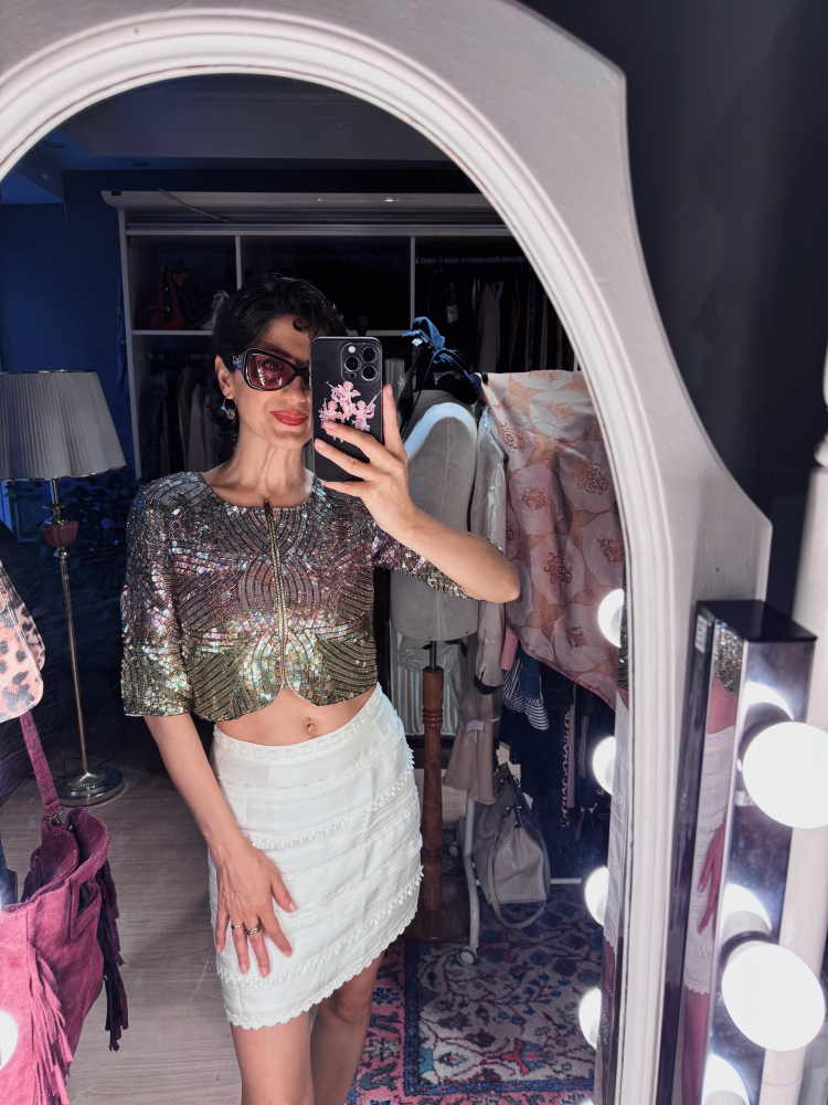 Forever New Embellished Sequin Cropped Jacket – Iridescent Art Deco