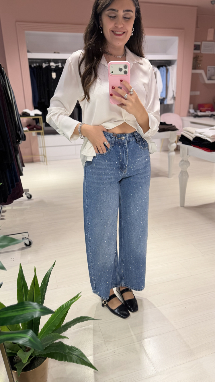 Mavi Taş Detaylı Barrel Kesim Jean