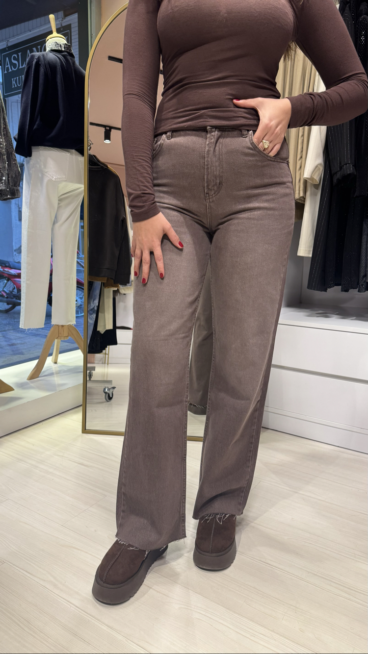 Zra Kahve Eskitme Wide Leg Jean