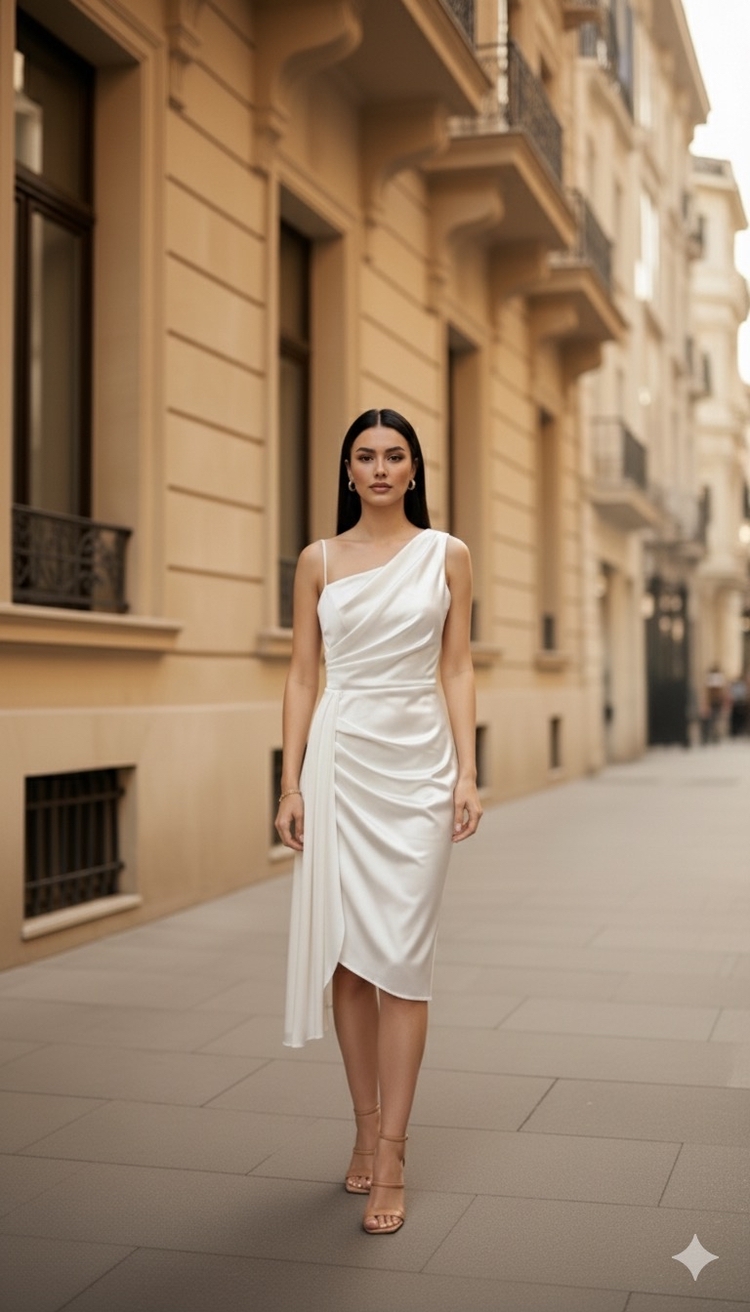 Drape Detaylı Beyaz Elbise