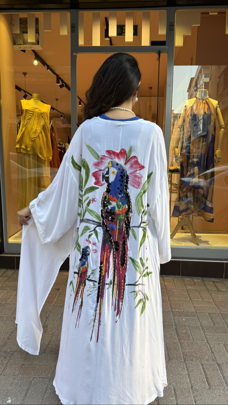 Renkli Papağan Detaylı Viskon Kimono