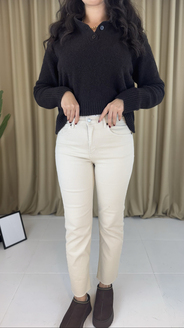 Krem Kesik Paça Boy Fit Jean