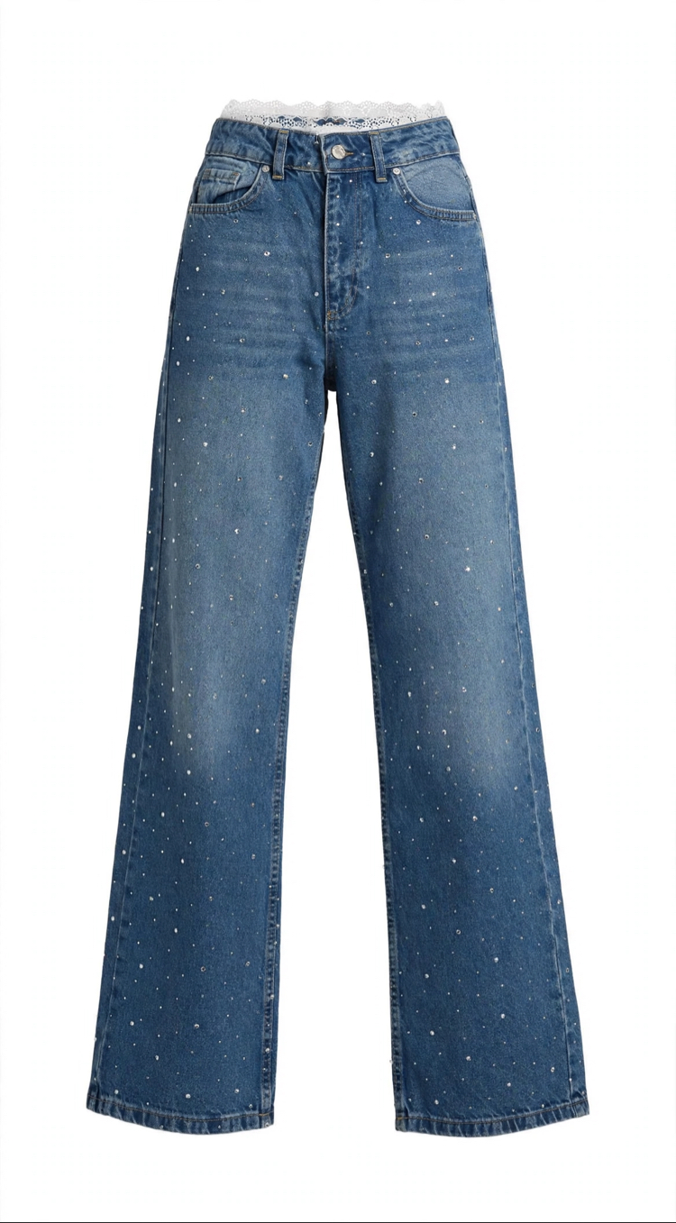 Beli Dantel Detaylı Taşlı Wide Leg Jean