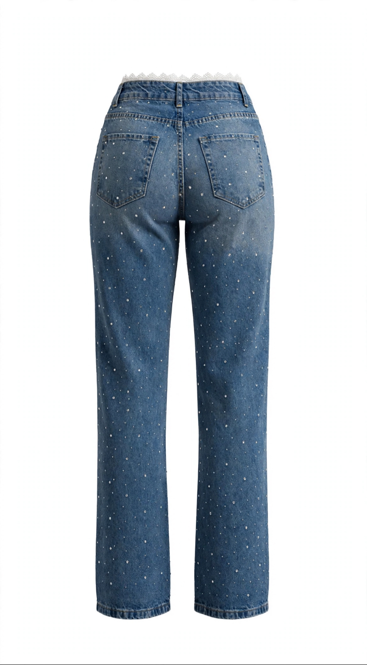 Beli Dantel Detaylı Taşlı Wide Leg Jean
