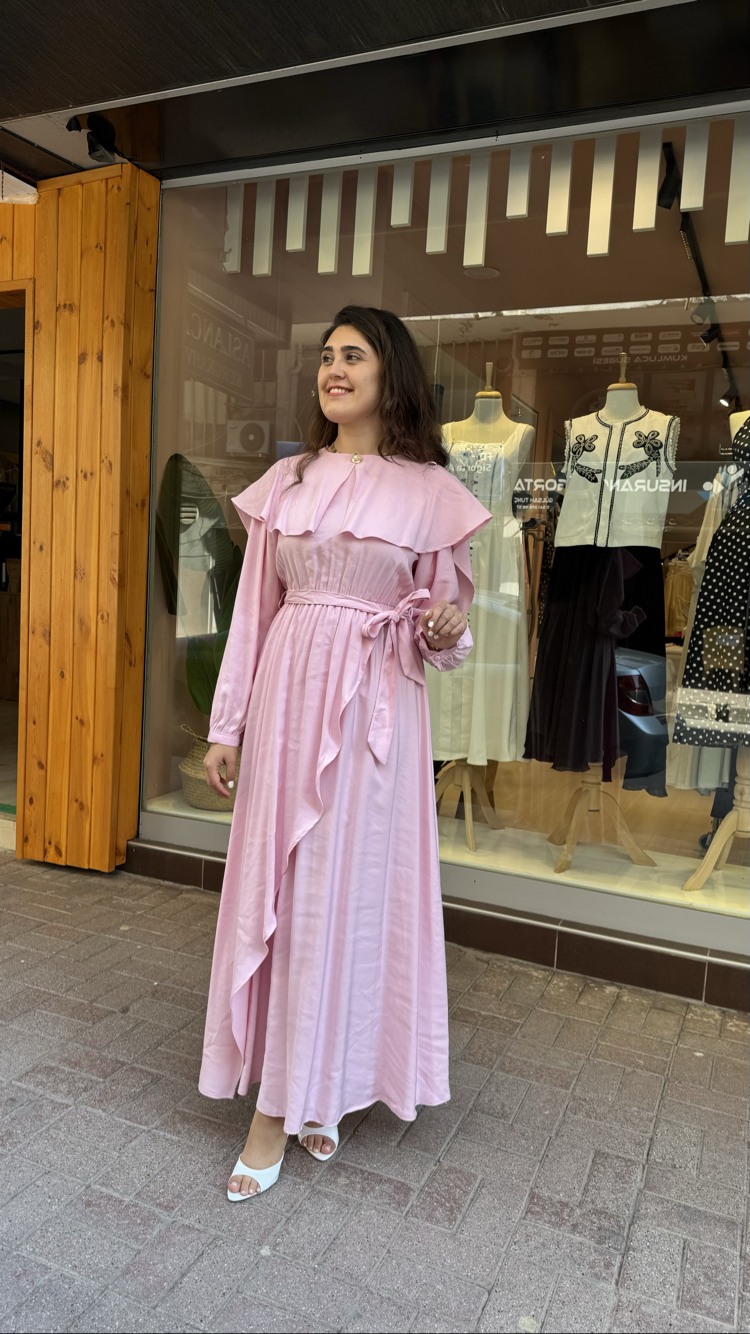 Pembe Fırfır Detaylı Tensel Elbise