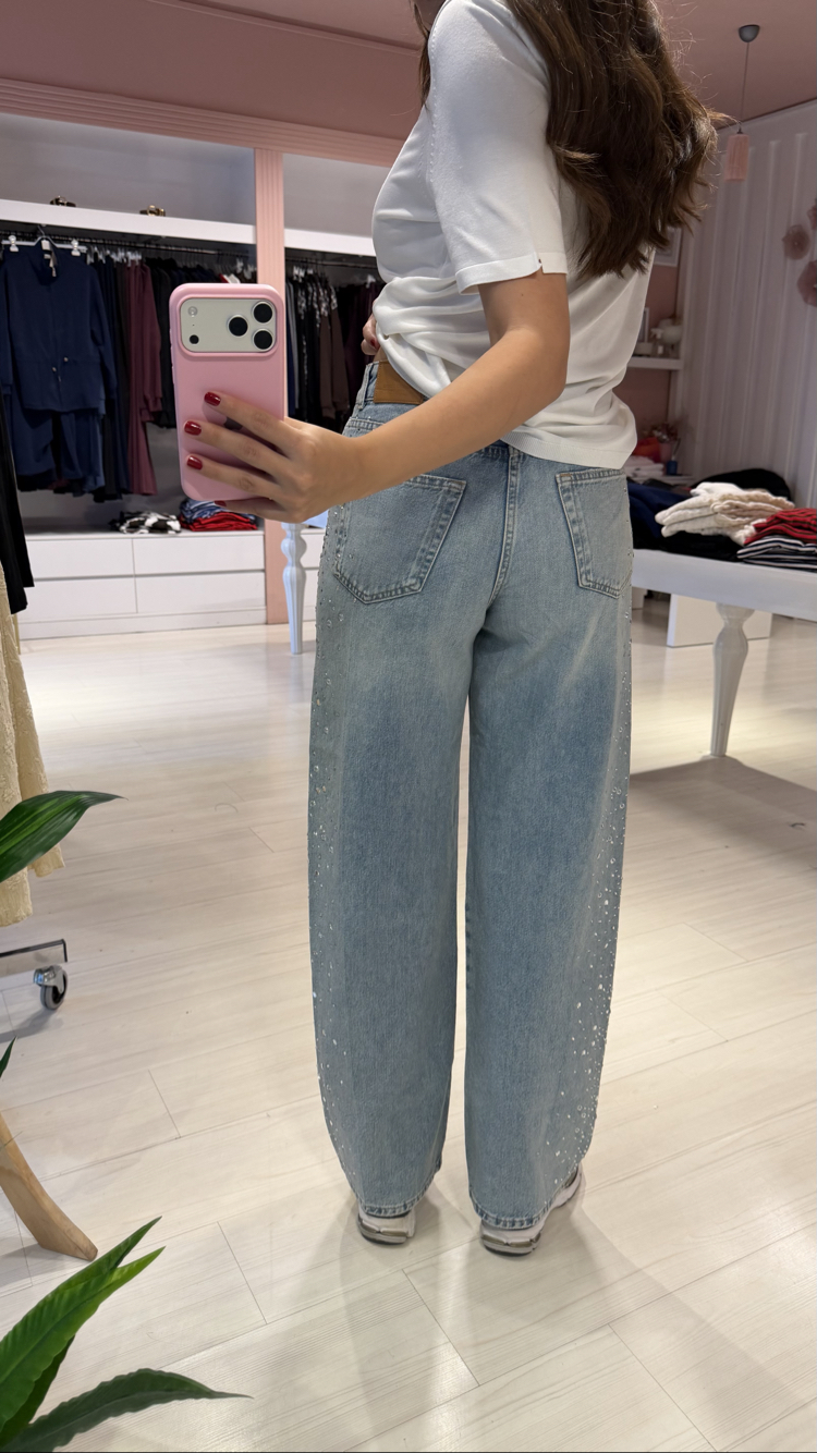 Cam Taş Detaylı Baggy Jean