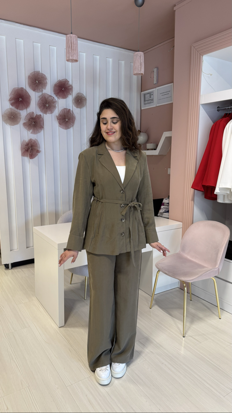 Haki Vatkalı Blazer Keten Takım