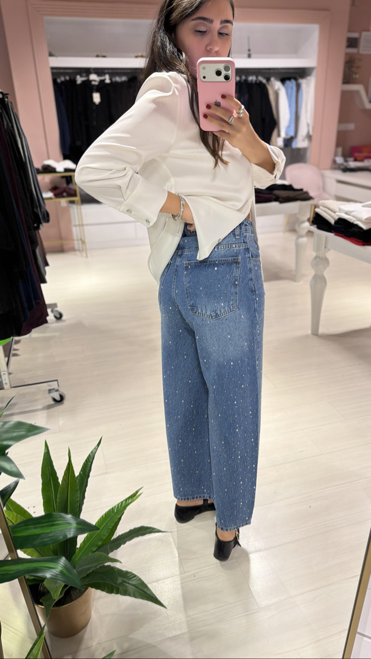 Mavi Taş Detaylı Barrel Kesim Jean