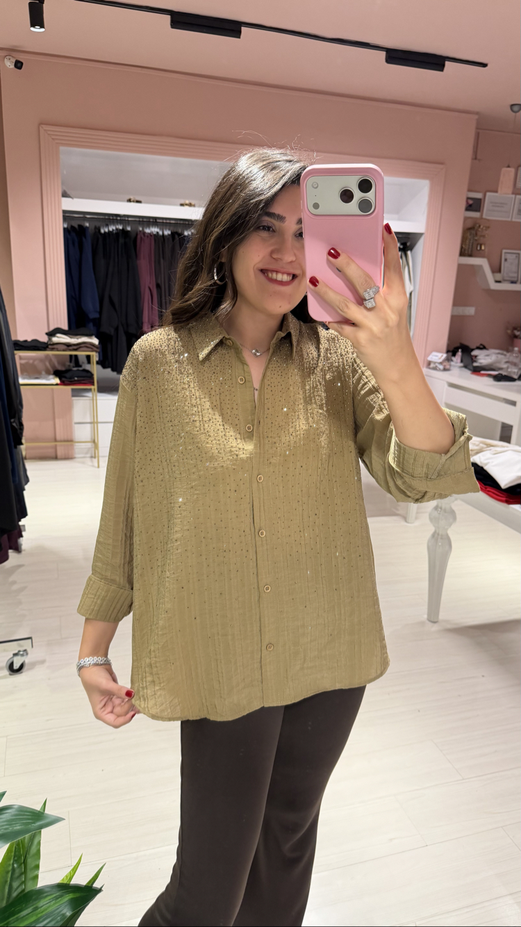 Haki Full Taşlı Gömlek