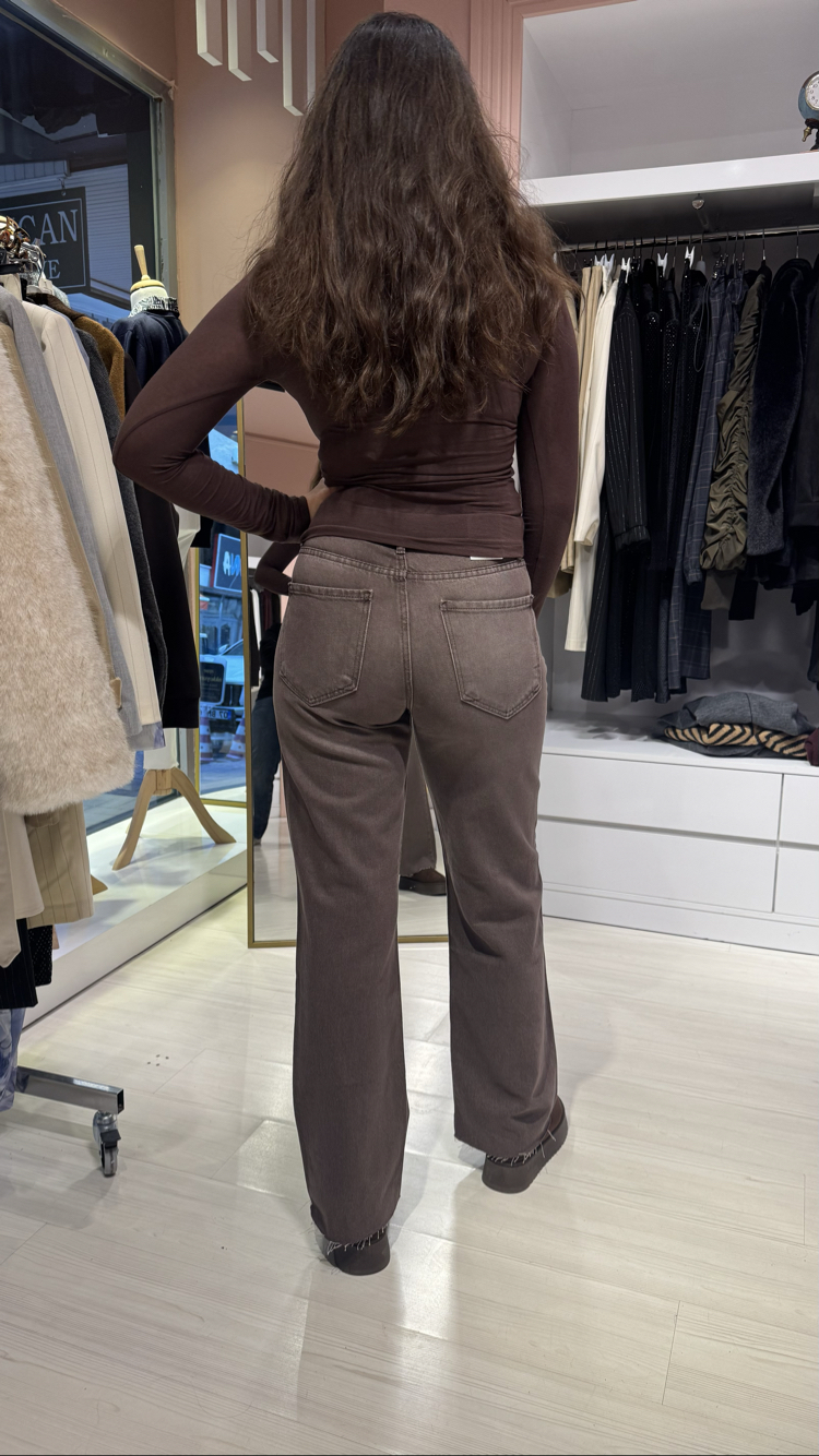 Zra Kahve Eskitme Wide Leg Jean