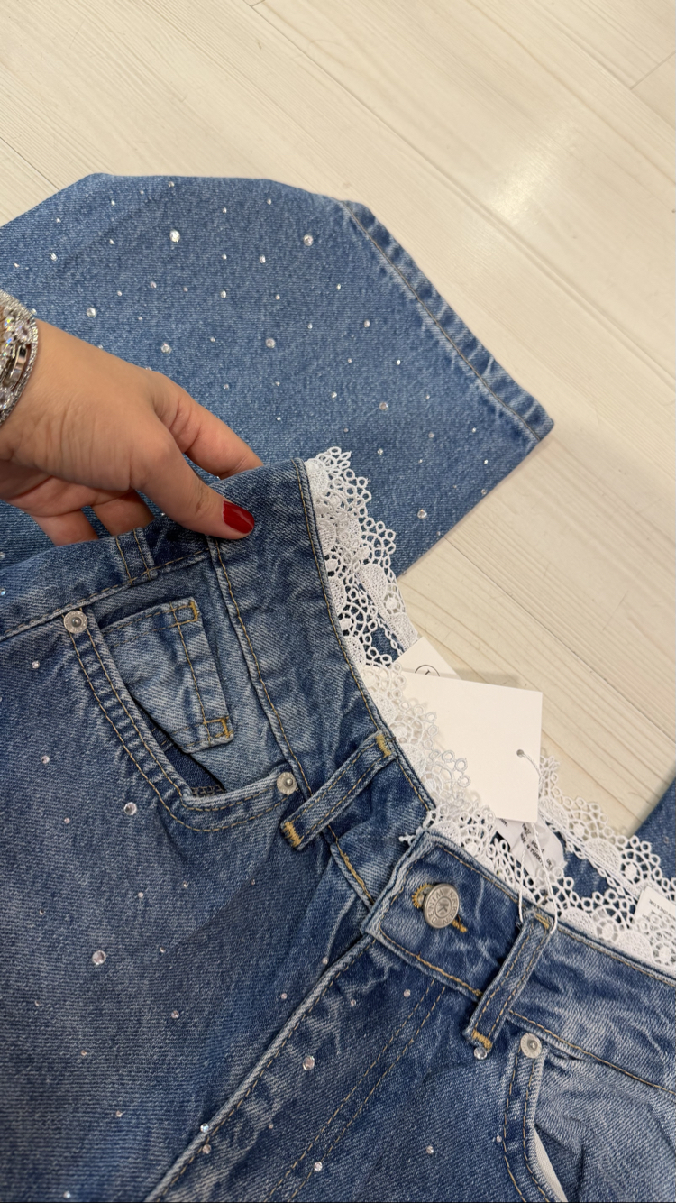 Beli Dantel Detaylı Taşlı Wide Leg Jean
