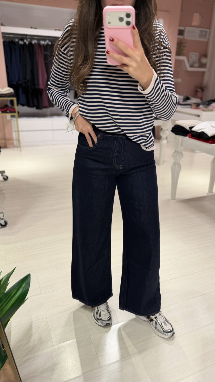 Mavi Arka Beli Lastikli Bol Paça Jean
