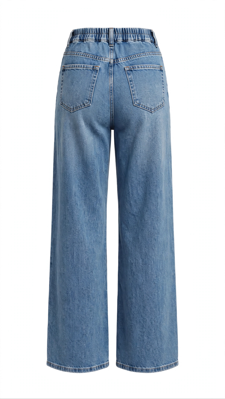 Mavi Arka Beli Lastikli Bol Paça Jean