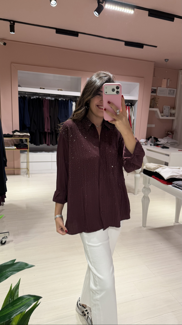 Mürdüm Full Taşlı Gömlek