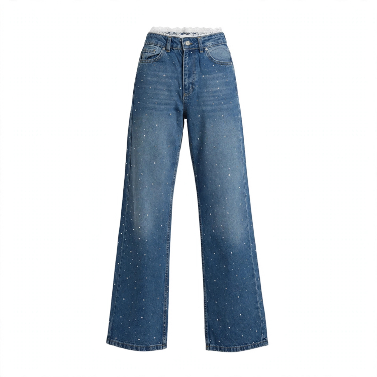 Beli Dantel Detaylı Taşlı Wide Leg Jean