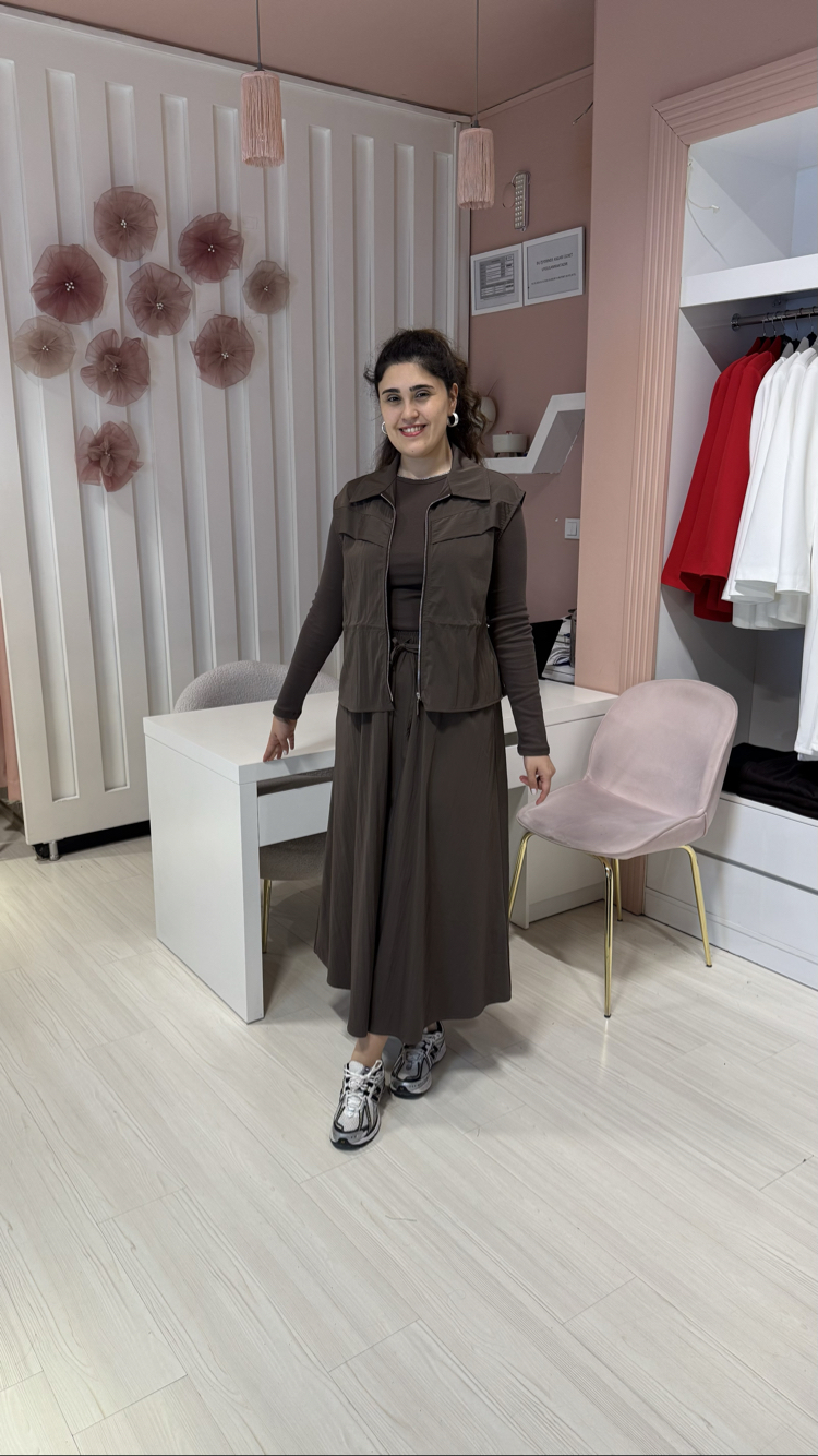 Kahve 3 Parçalı Etekli Takım