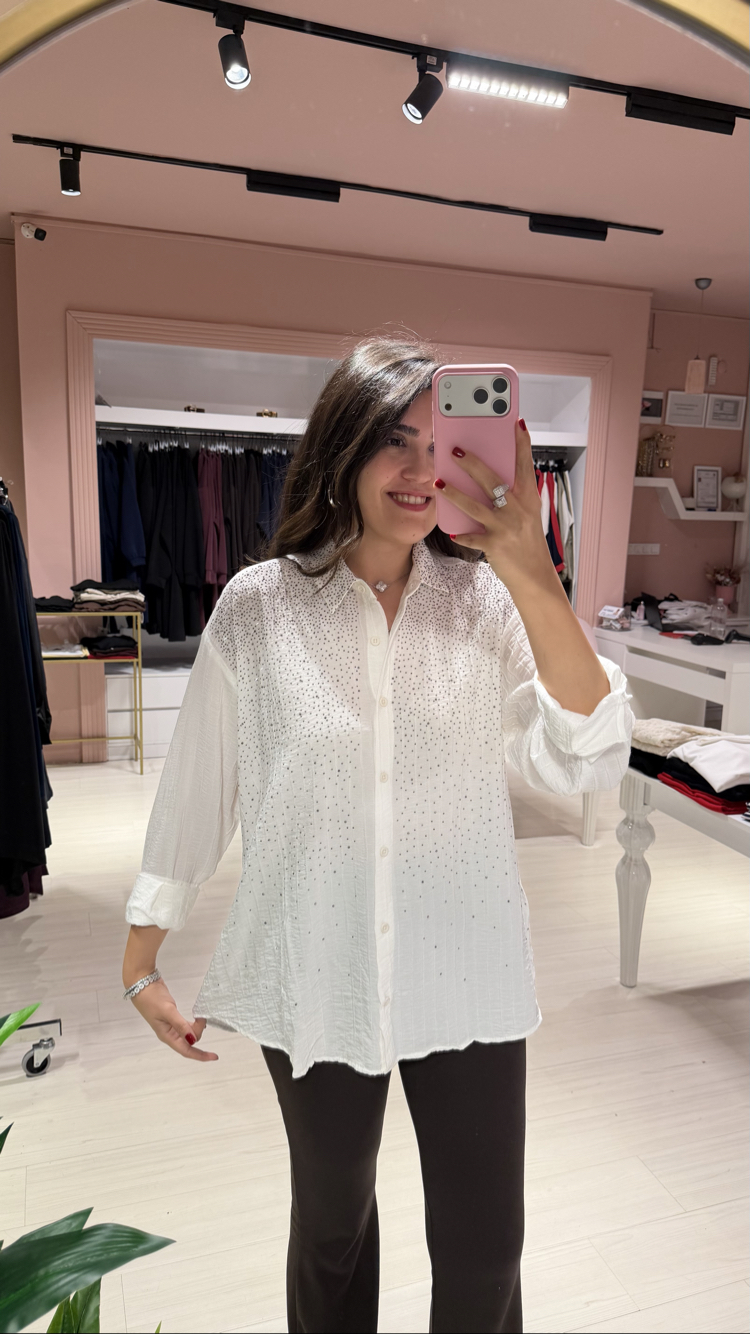 Beyaz Full Taşlı Gömlek