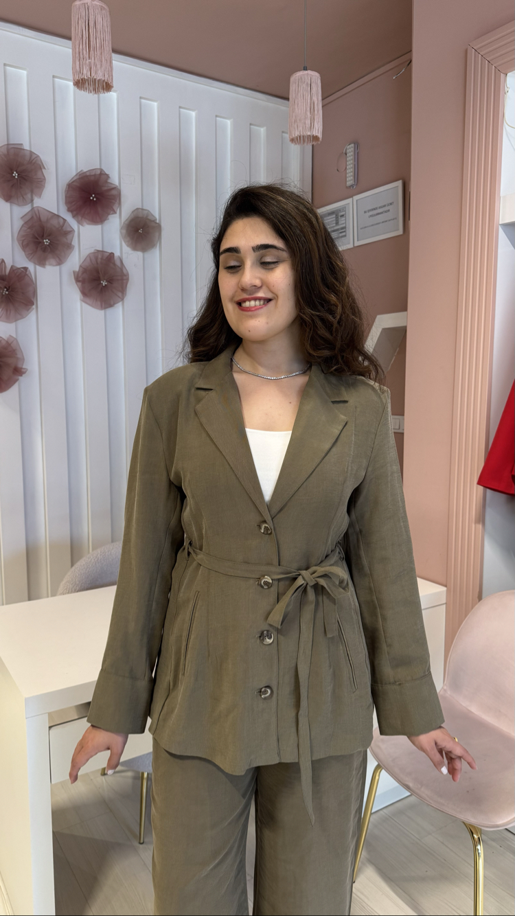 Haki Vatkalı Blazer Keten Takım