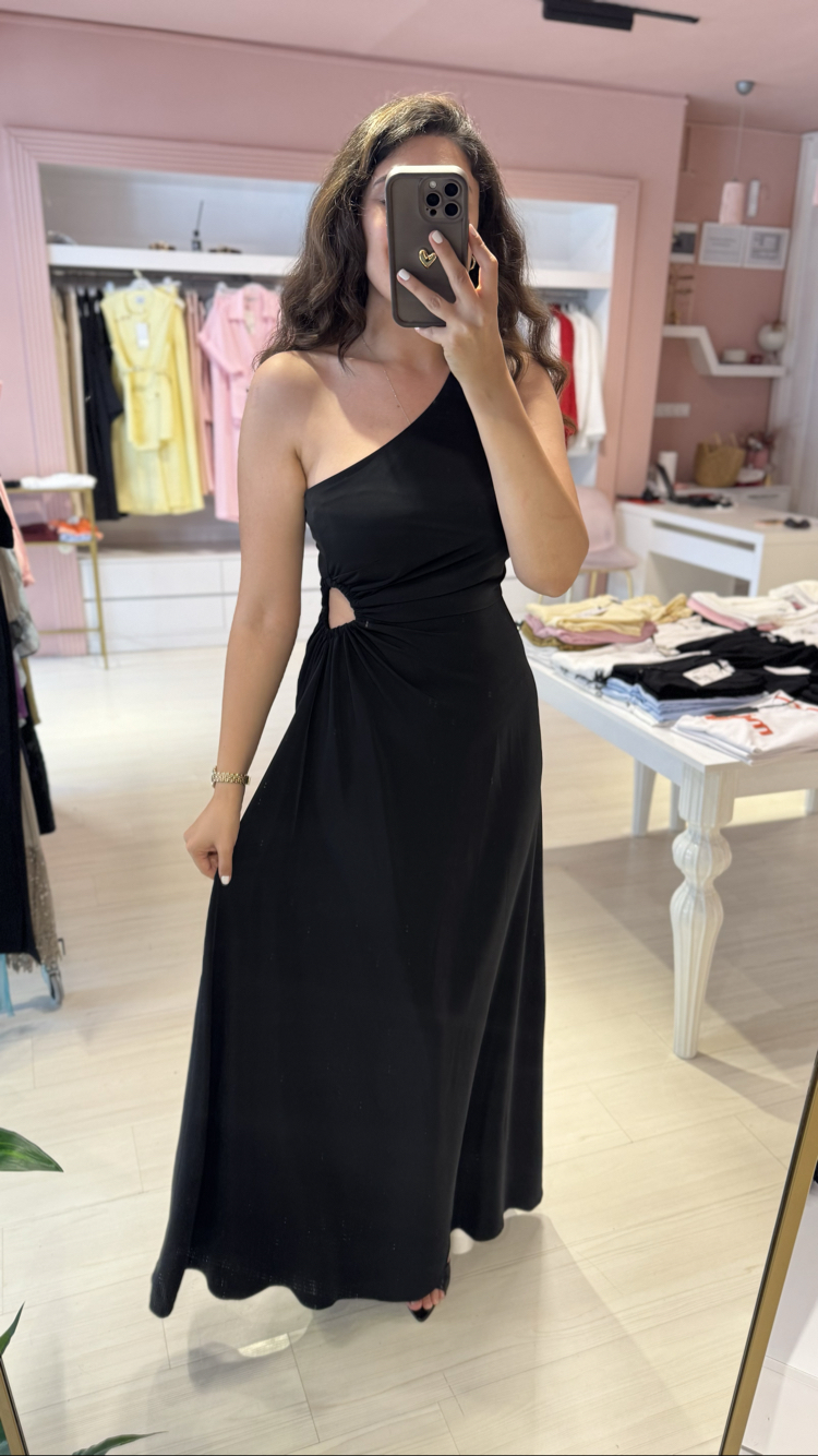 Dekolte Detaylı Tek Omuz Maxi Elbise