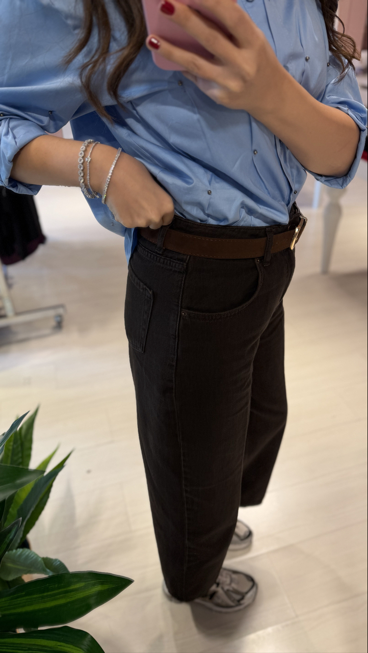 Kahve Kemerli Barrel Kesim Jean