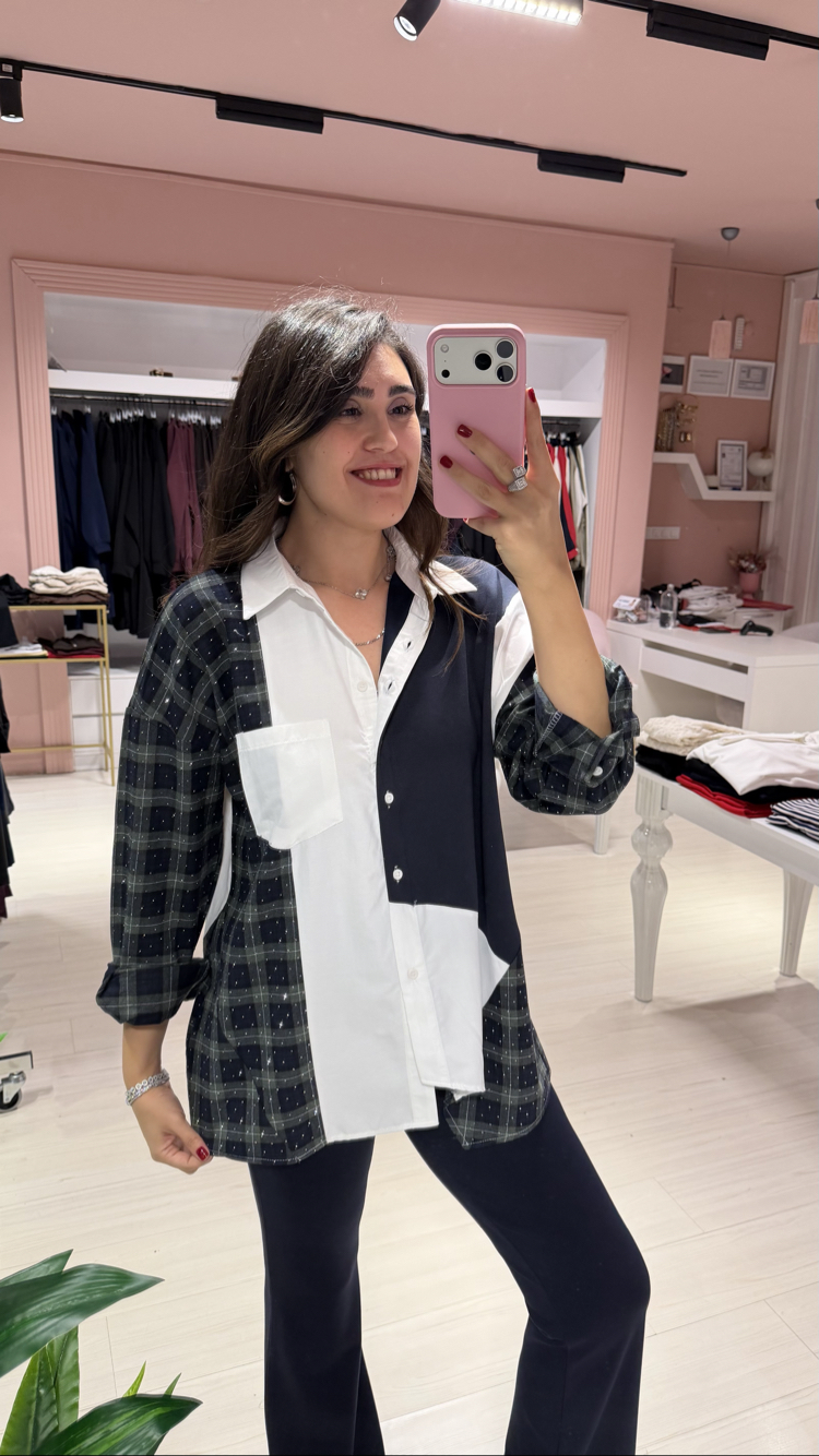 Yeşil Lacivert Taşlı Tasarım Gömlek