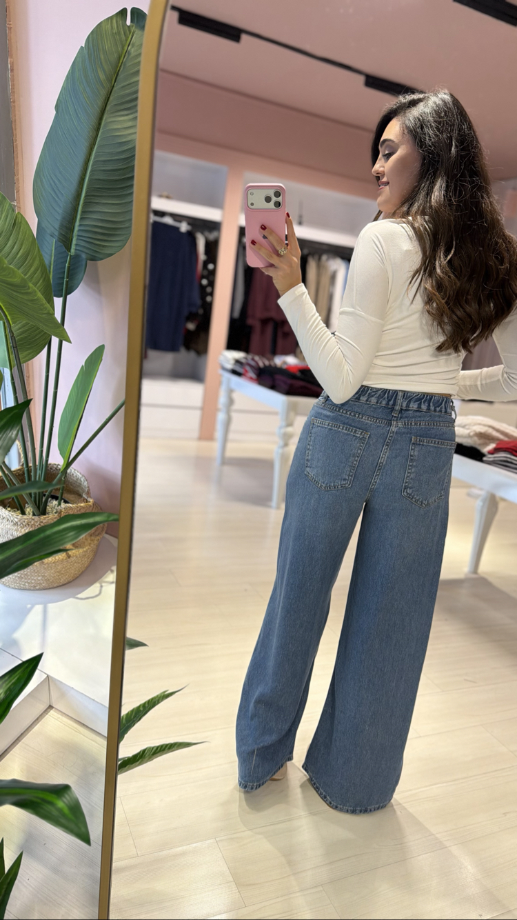 Mavi Beli Lastikli Tensel Jean