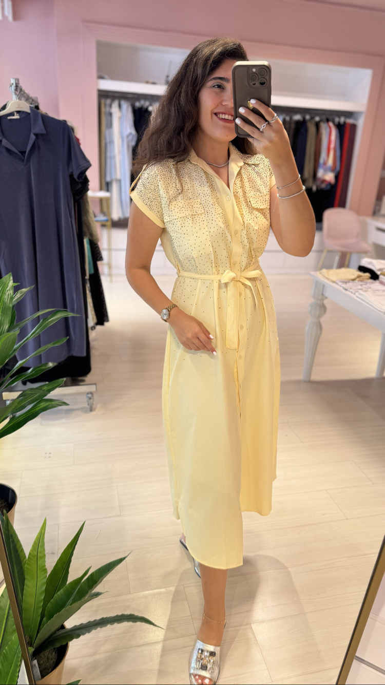 Sarı Taş Detaylı Poplin Elbise