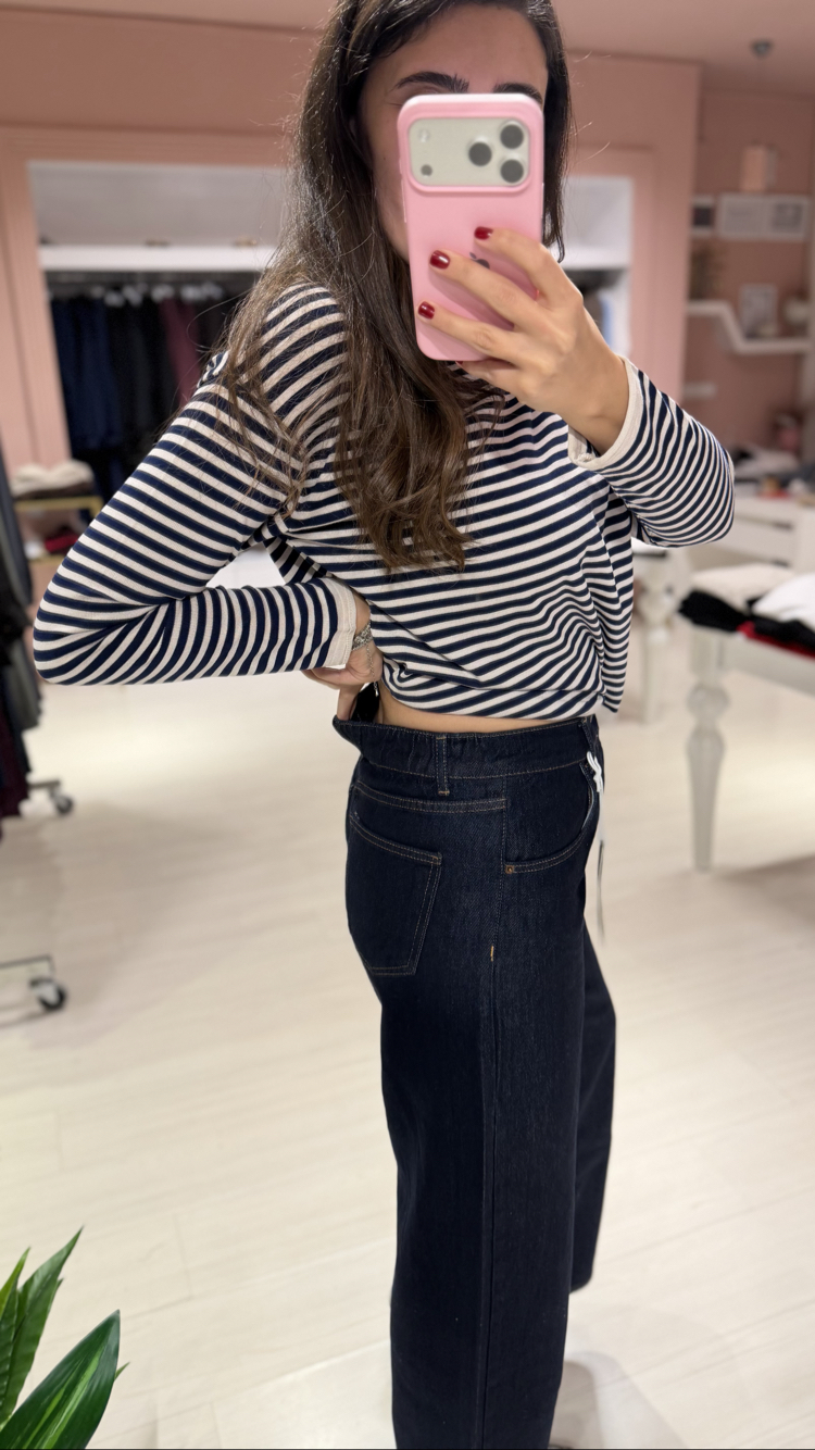 Lacivert Arka Beli Lastikli Bol Paça Jean 