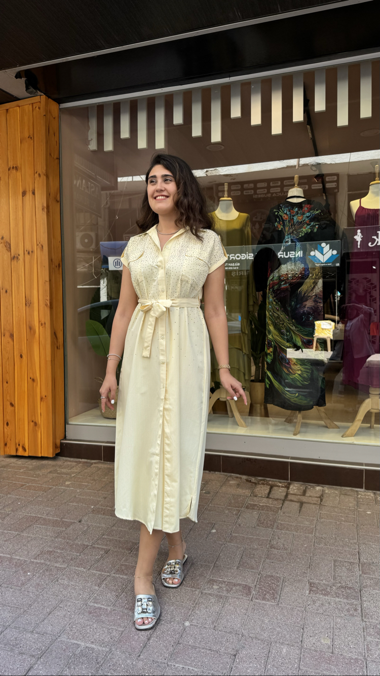 Sarı Taş Detaylı Poplin Elbise