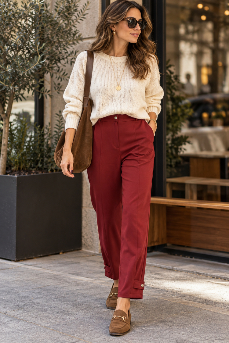 Bordo Çıtçıt Detaylı Kalem Pantolon