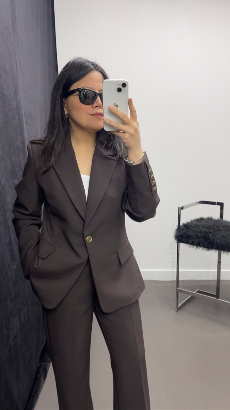 İkili Kahve Blazer  Palazzo Takım – Gold Düğme Detaylı