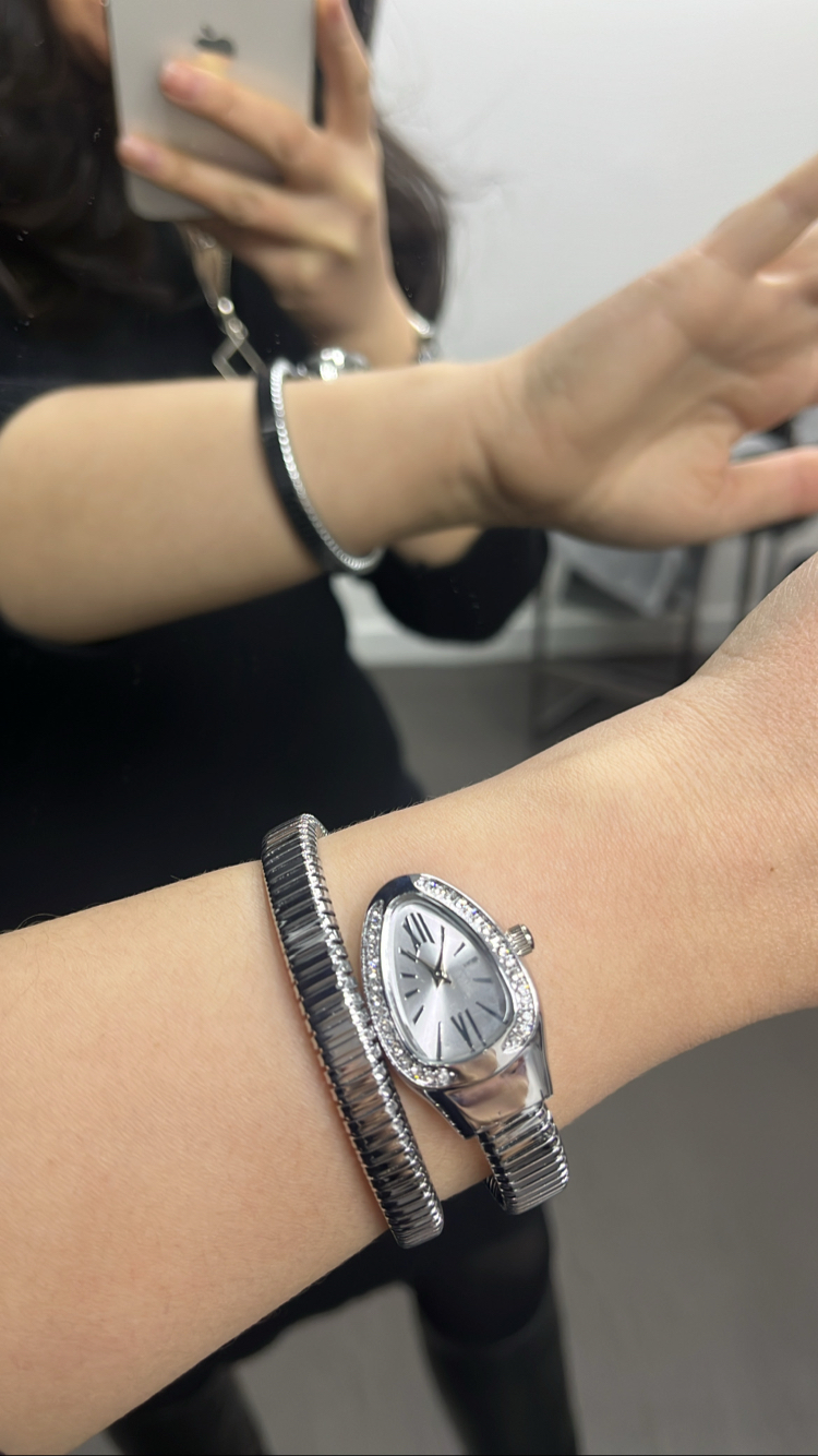 Silver Zirkon Taş Detaylı Yılan Model Saat