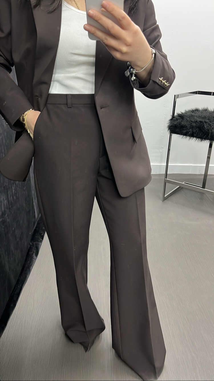 İkili Kahve Blazer  Palazzo Takım – Gold Düğme Detaylı