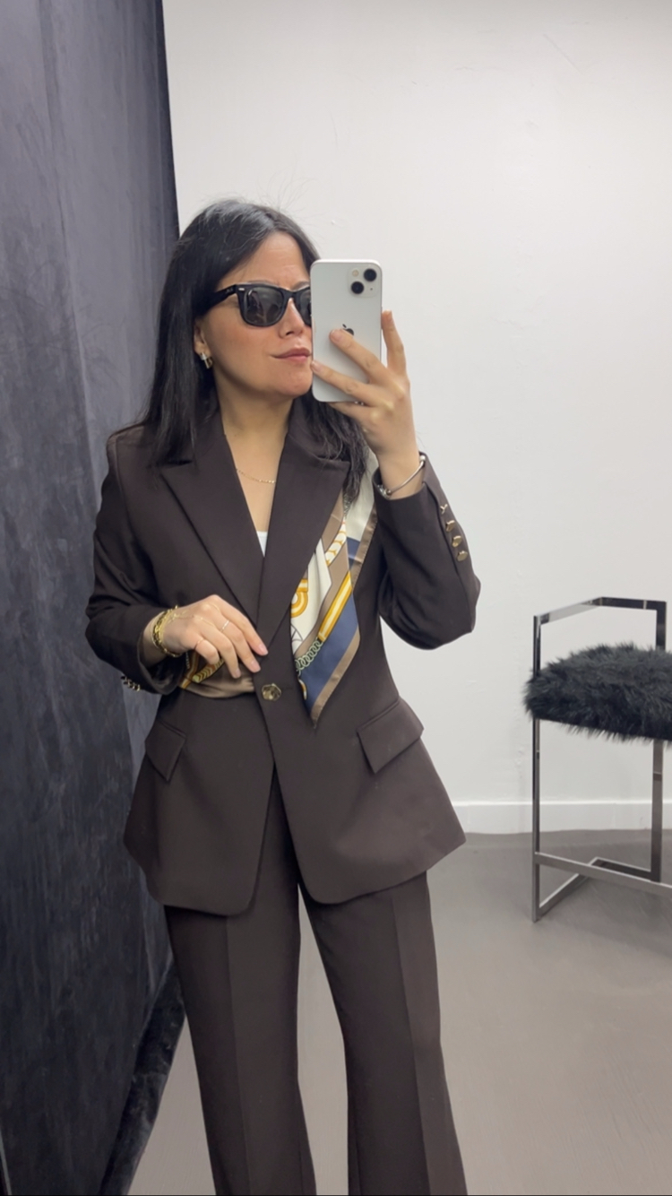 İkili Kahve Blazer  Palazzo Takım – Gold Düğme Detaylı
