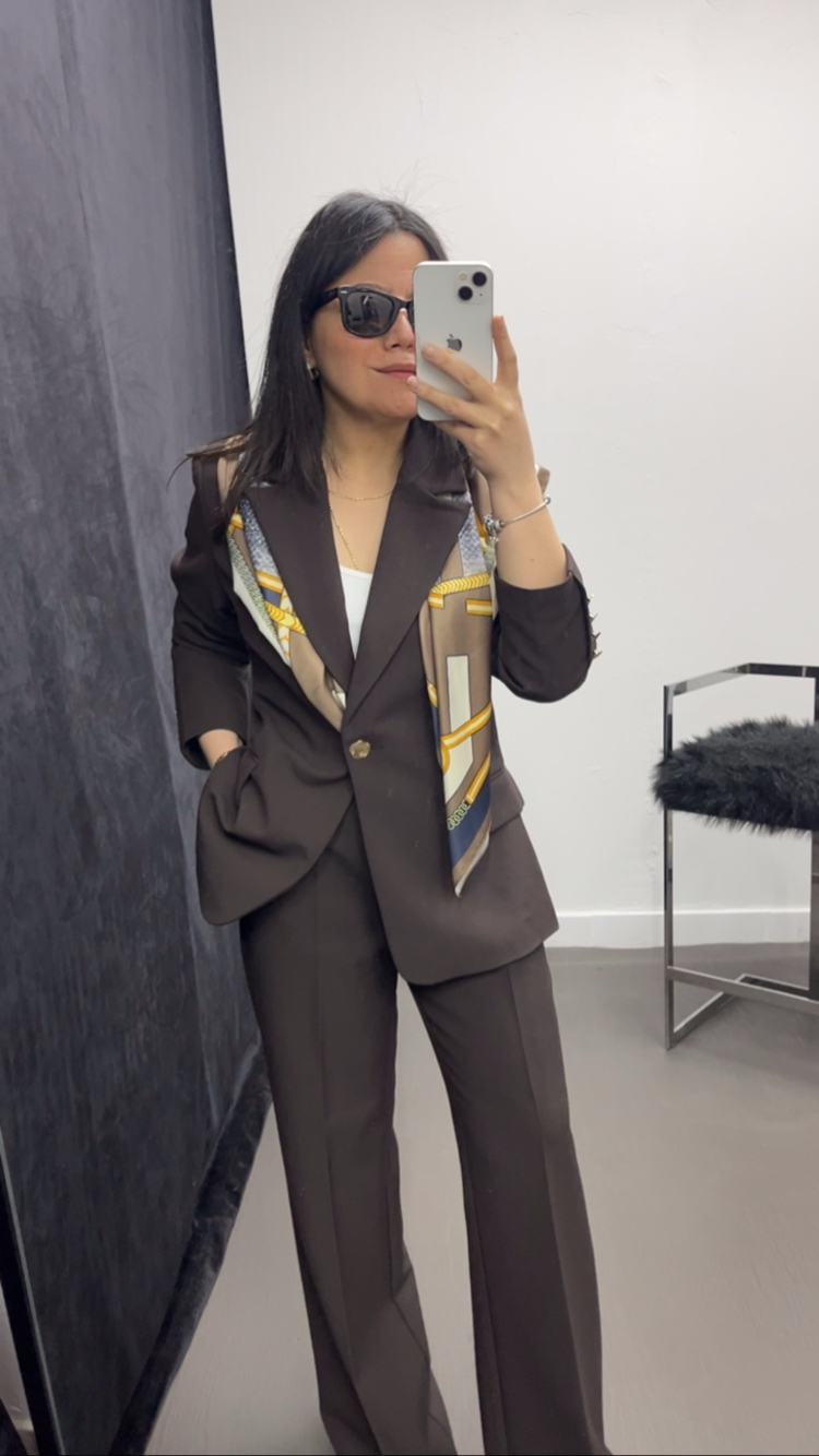 İkili Kahve Blazer  Palazzo Takım – Gold Düğme Detaylı