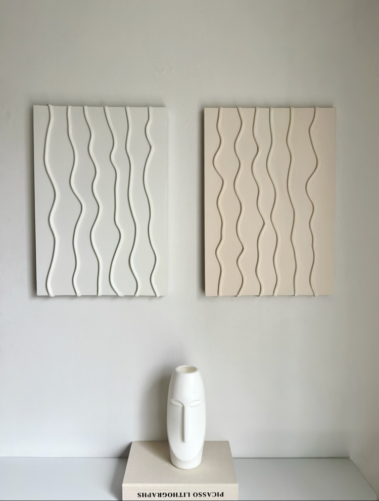 İkili Dokulu Minimal Duvar Tablosu | Antik Beyaz & Krem Modern Dekor Seti |Aysushome