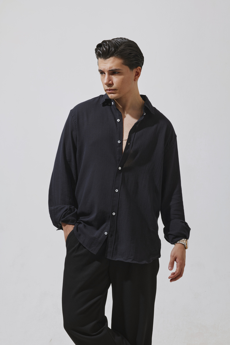 Babylon Oversize Keten Gömlek - Black