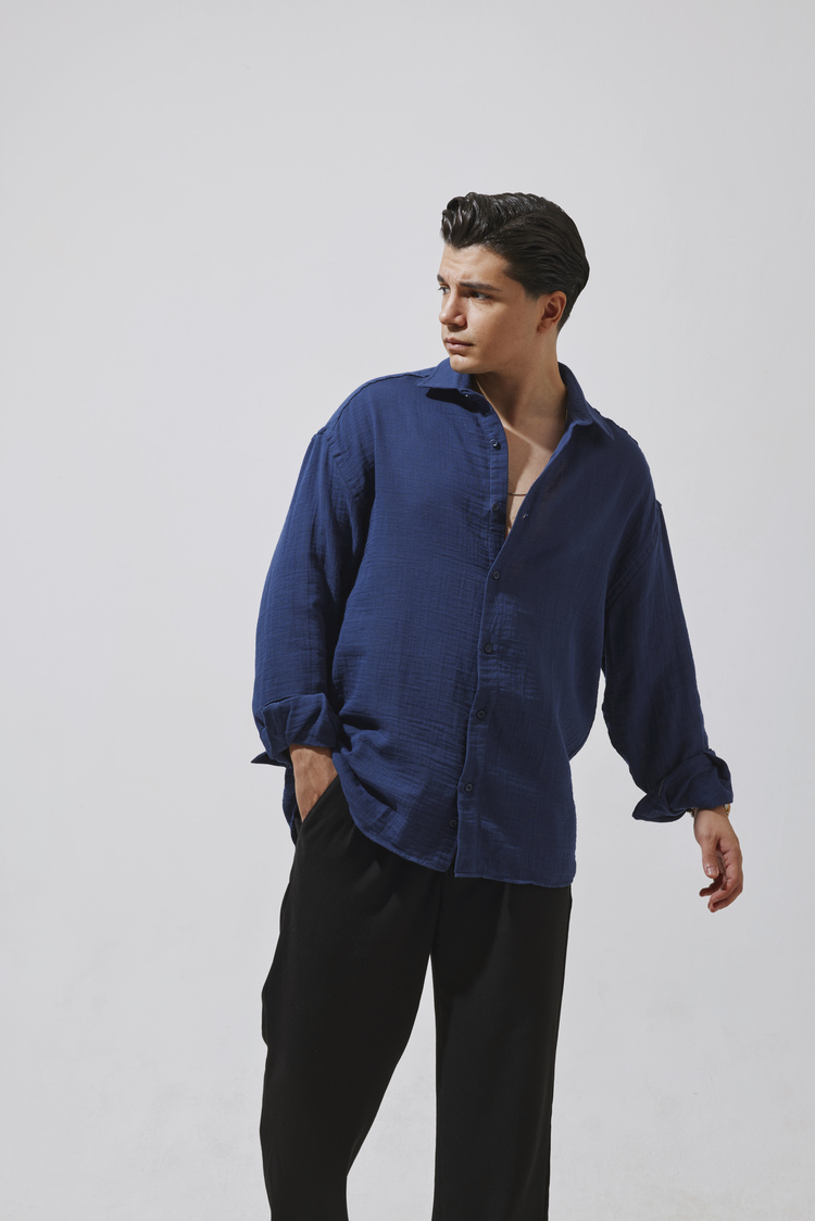 Babylon Oversize Müslin Gömlek - Navy Blue
